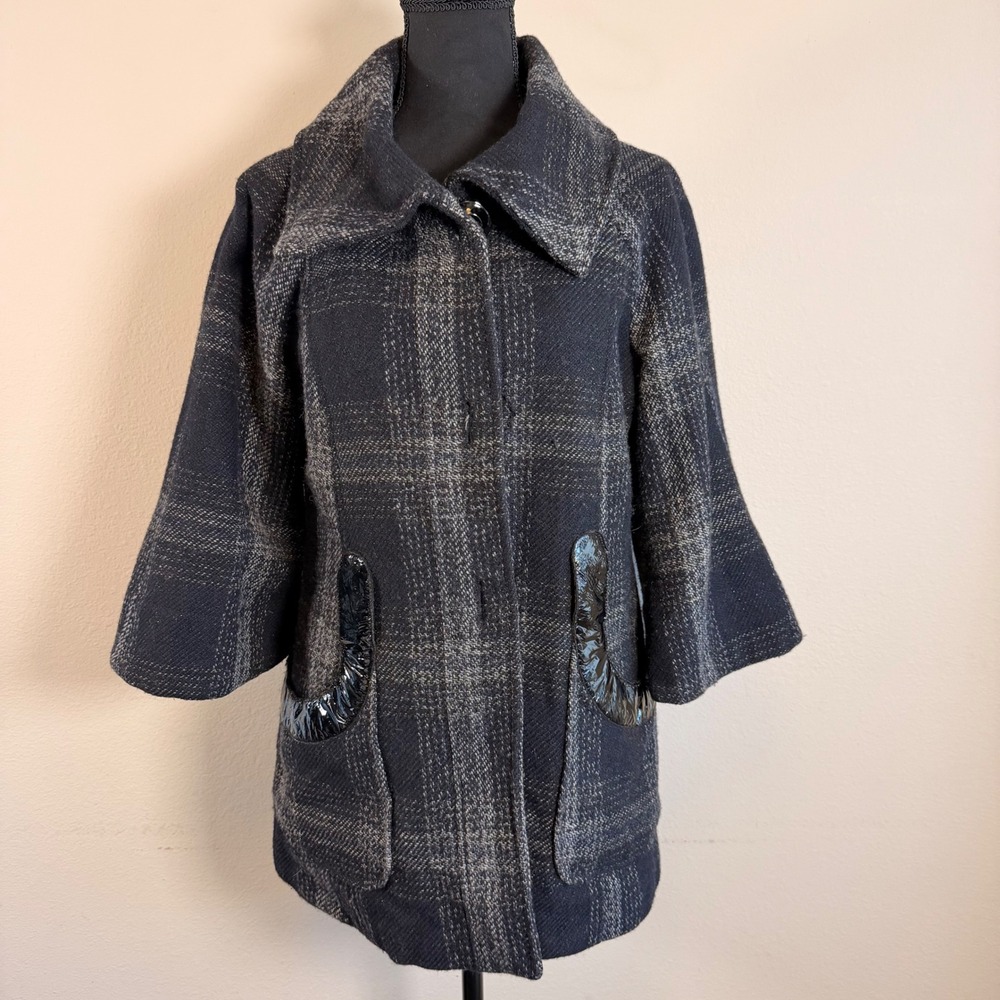 Guess Womens L Plaid Wool Blend Swing Coat Black Gray 3/4 Sleeve Mod Y2K